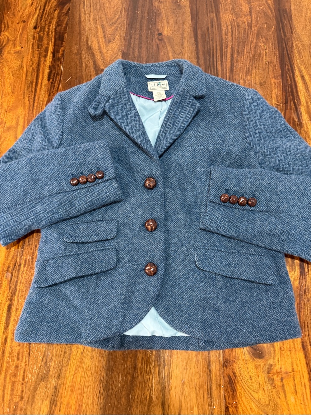 Vintage L.L. Bean Blue Herringbone Wool-Blend Blazer with Brown Buttons 10P